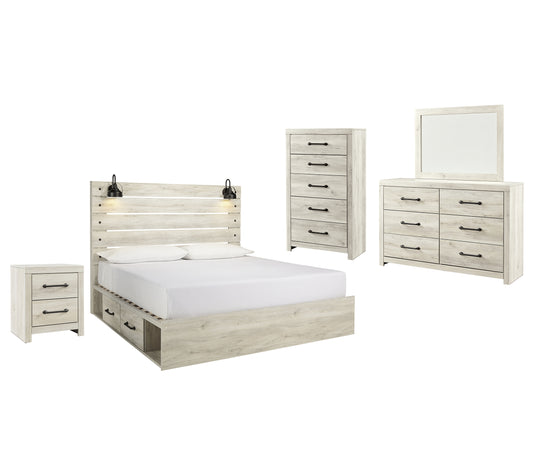 Cambeck Panel Bed With 4 Storage Drawers With Mirrored Dresser, Chest And Nightstand
