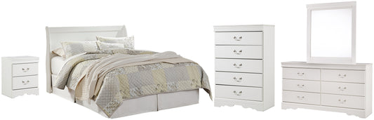 Anarasia Sleigh Headboard Bed With Mirrored Dresser, Chest And Nightstand