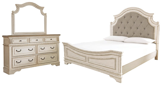 Realyn Upholstered Panel Bed With Mirrored Dresser