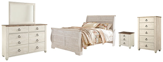 Willowton Sleigh Bed With Mirrored Dresser, Chest And Nightstand