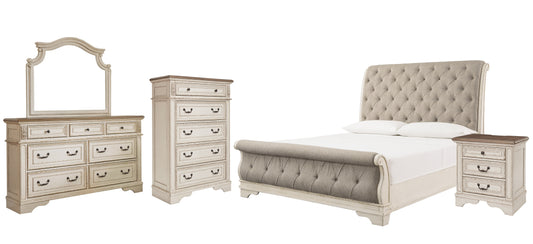 Realyn Sleigh Bed With Mirrored Dresser, Chest And Nightstand