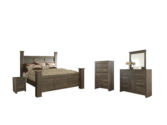 Juararo Poster Bed With Mirrored Dresser, Chest And Nightstand