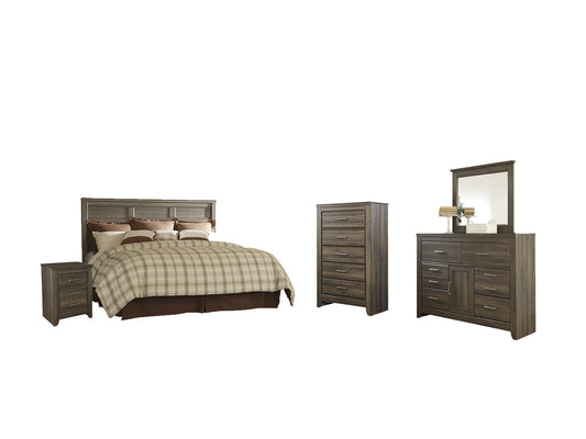Juararo /California King Panel Headboard Bed With Mirrored Dresser, Chest And Nightstand