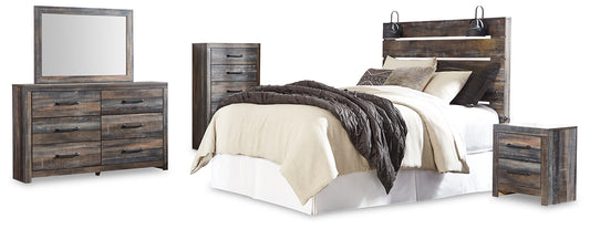 Drystan Panel Headboard Bed With Mirrored Dresser, Chest And Nightstand