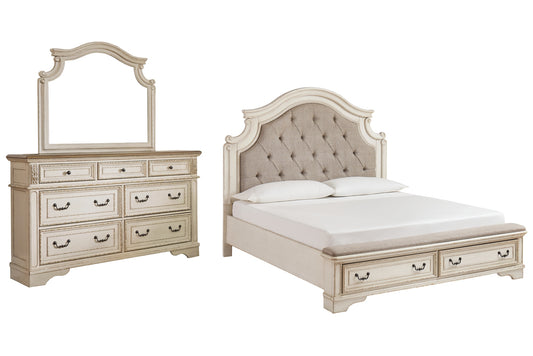 Realyn Upholstered Bed With Mirrored Dresser