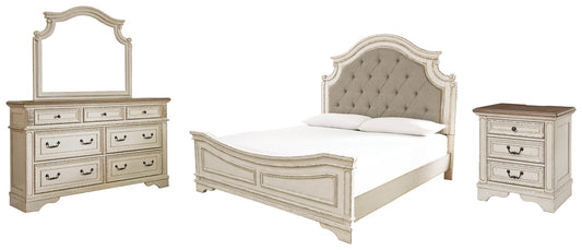 Realyn Upholstered Panel Bed With Mirrored Dresser And Nightstand