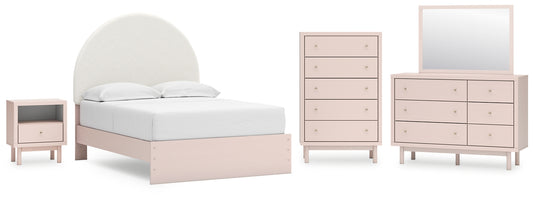 Wistenpine Upholstered Panel Bed With Mirrored Dresser, Chest And Nightstand