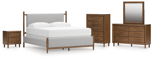 Lyncott California Upholstered Bed With Mirrored Dresser, Chest And Nightstand