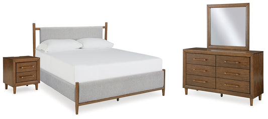 Lyncott California Upholstered Bed With Mirrored Dresser And Nightstand