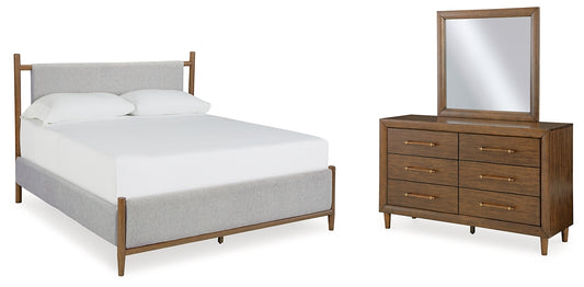 Lyncott California Upholstered Bed With Mirrored Dresser