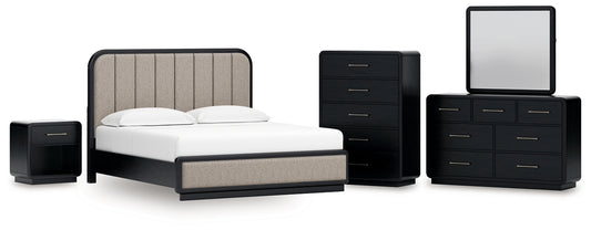 Rowanbeck Upholstered Panel Bed With Mirrored Dresser, Chest And Nightstand