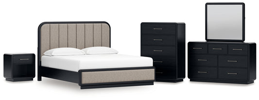 Rowanbeck California Upholstered Panel Bed With Mirrored Dresser, Chest And Nightstand