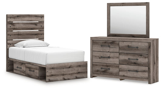 Graystorm Panel Bed With Storage With Mirrored Dresser