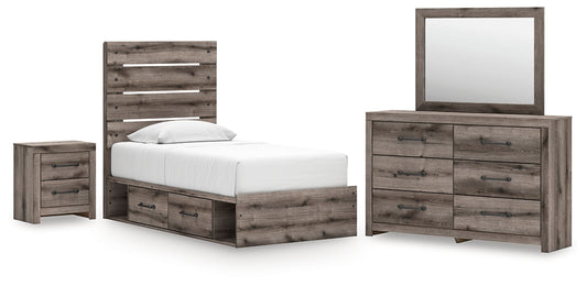 Graystorm Panel Bed With Storage With Mirrored Dresser And Nightstand