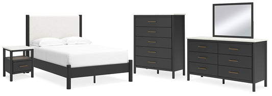 Cadmori Upholstered Panel Bed With Mirrored Dresser, Chest And Nightstand