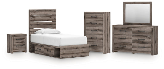 Graystorm Panel Storage Bed With Mirrored Dresser, Chest And Nightstand