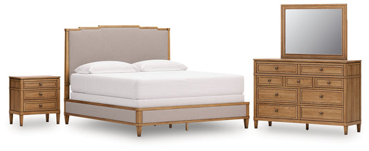 Sharlance Upholstered Panel Bed, Dresser, Mirror And Nightstand