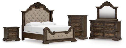 Maylee Upholstered Bed With Mirrored Dresser, Chest And Nightstand