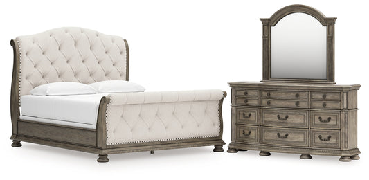 Ardenfield California Upholstered Sleigh Bed, Dresser And Mirror