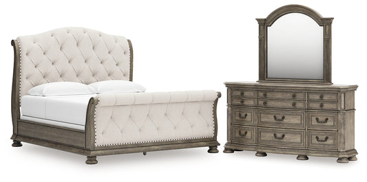 Ardenfield Upholstered Sleigh Bed With Mirrored Dresser