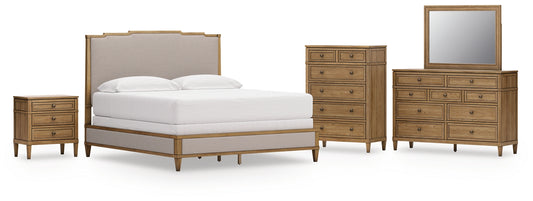 Sharlance Upholstered Panel Bed, Dresser, Mirror, Chest And Nightstand