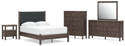 Pamytta Upholstered Panel Platform Bed, Dresser, Mirror, Chest And Nightstand