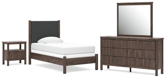 Pamytta Upholstered Panel Bed, Dresser, Mirror And Nightstand
