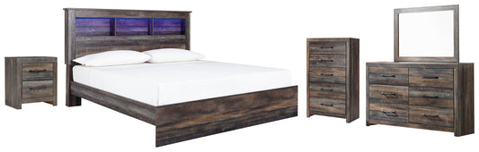Drystan Panel Bookcase Bed With Mirrored Dresser, Chest And Nightstand