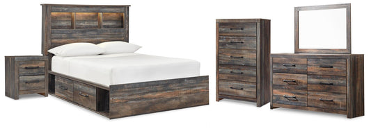Drystan Bookcase Bed With 4 Storage Drawers With Mirrored Dresser, Chest And Nightstand