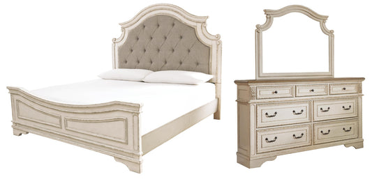 Realyn California Upholstered Panel Bed With Mirrored Dresser