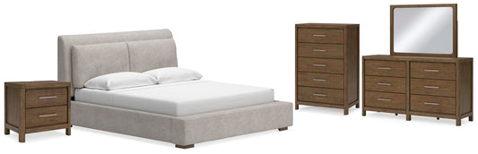 Cabalynn California Upholstered Bed With Mirrored Dresser, Chest And Nightstand