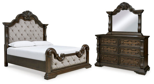 Maylee Upholstered Bed With Mirrored Dresser
