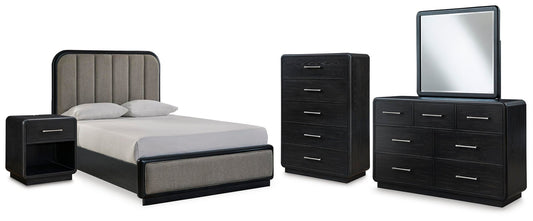 Rowanbeck Upholstered Panel Bed With Mirrored Dresser, Chest And Nightstand