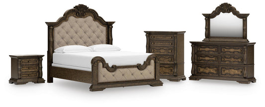 Maylee California Upholstered Bed, Dresser, Mirror, Chest And Nightstand