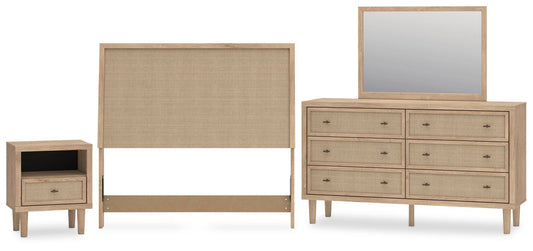 Cielden Upholstered Panel Bed With Mirrored Dresser And Nightstand