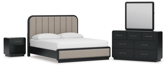 Rowanbeck California Upholstered Panel Bed, Dresser, Mirror And Nightstand