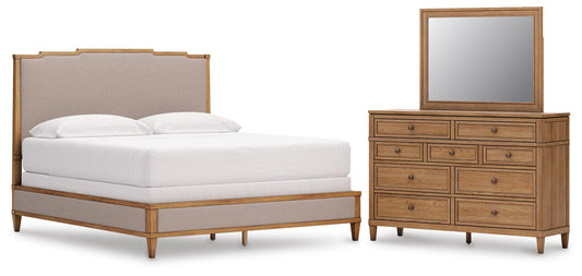 Sharlance California Upholstered Panel Bed, Dresser And Mirror