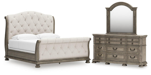 Ardenfield Upholstered Sleigh Bed, Dresser And Mirror