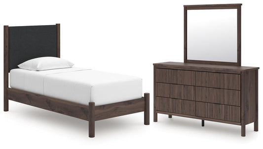 Pamytta Upholstered Panel Platform Bed, Dresser And Mirror