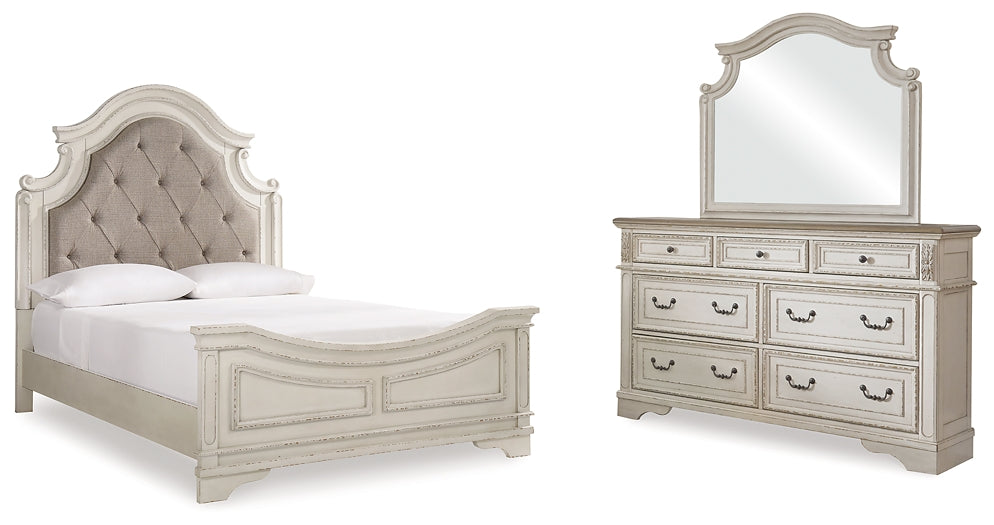 Realyn  Upholstered Panel Bed With Mirrored Dresser