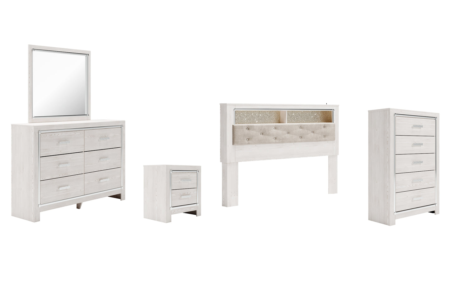 Altyra  Bookcase Headboard Bed With Mirrored Dresser, Chest And Nightstand