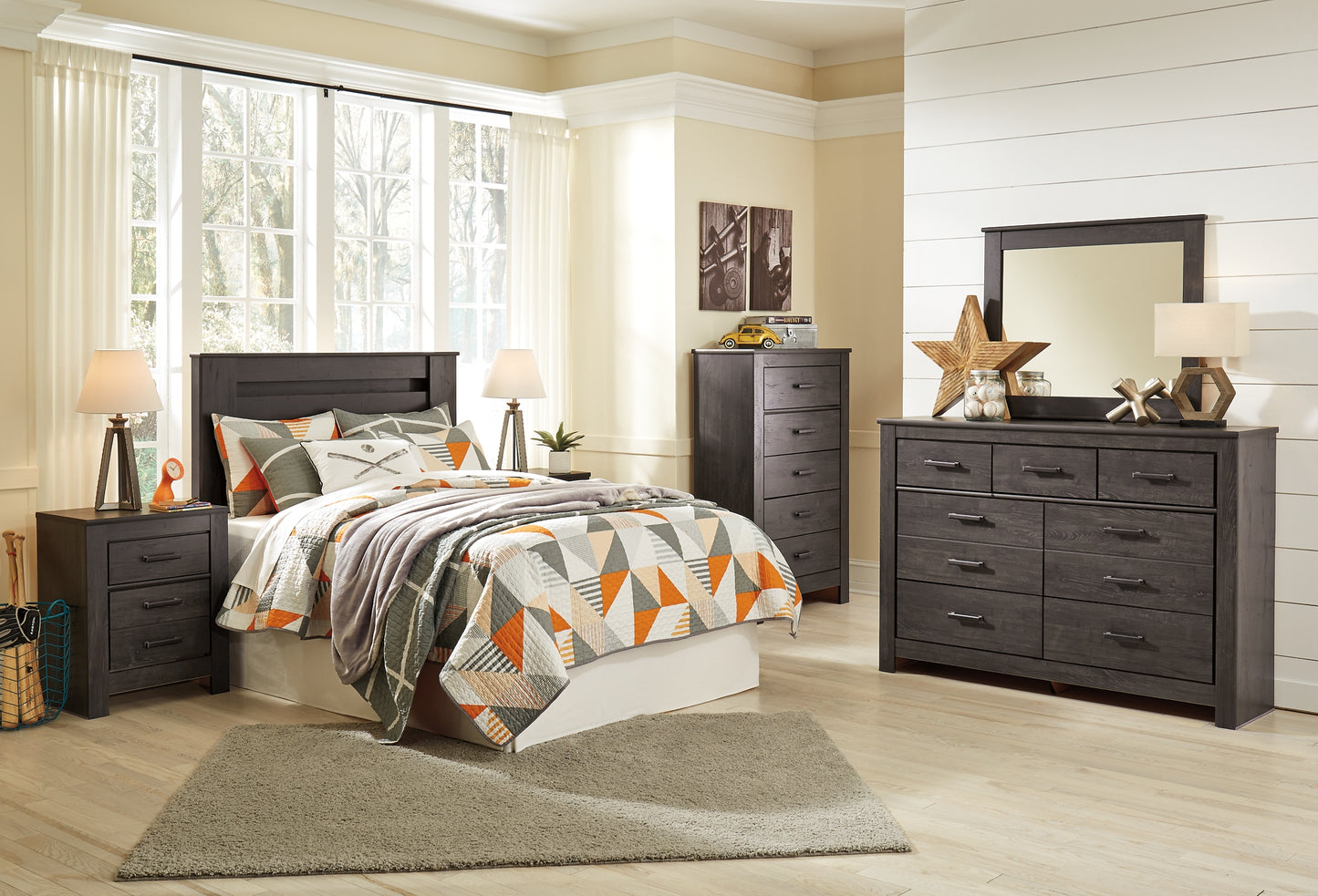 Brinxton  Panel Headboard Bed With Mirrored Dresser, Chest And Nightstand