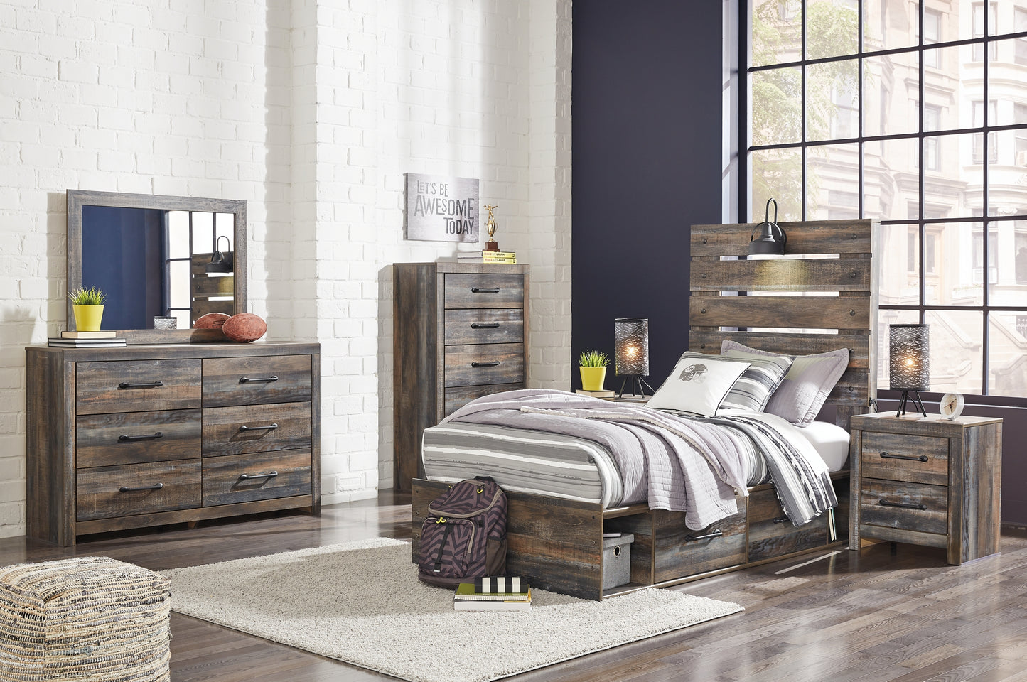 Drystan  Panel Headboard Bed With Mirrored Dresser, Chest And Nightstand