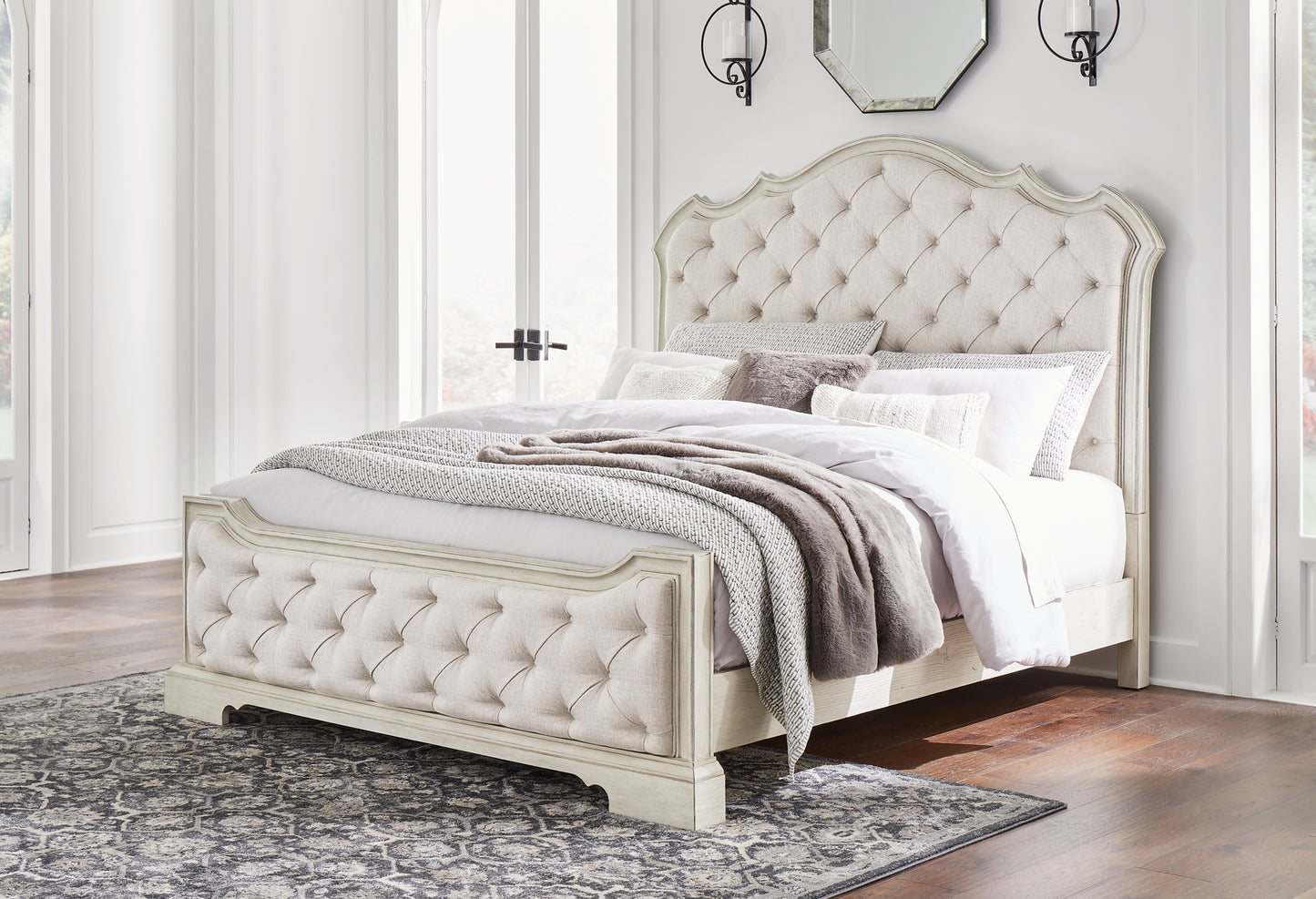 Arlendyne California  Upholstered Bed With Mirrored Dresser, Chest And Nightstand