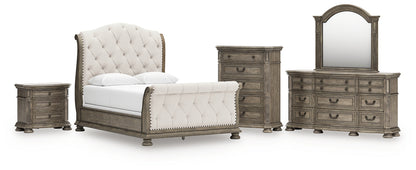 Ardenfield  Upholstered Sleigh Bed With Mirrored Dresser, Chest And Nightstand