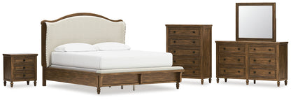 Sturlayne California  Upholstered Panel Bed With Mirrored Dresser, Chest And Nightstand