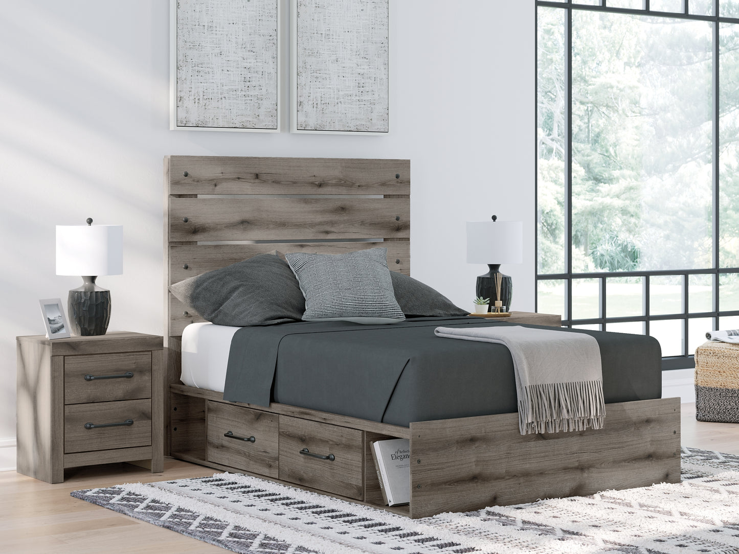Graystorm  Panel Bed With Storage With Mirrored Dresser