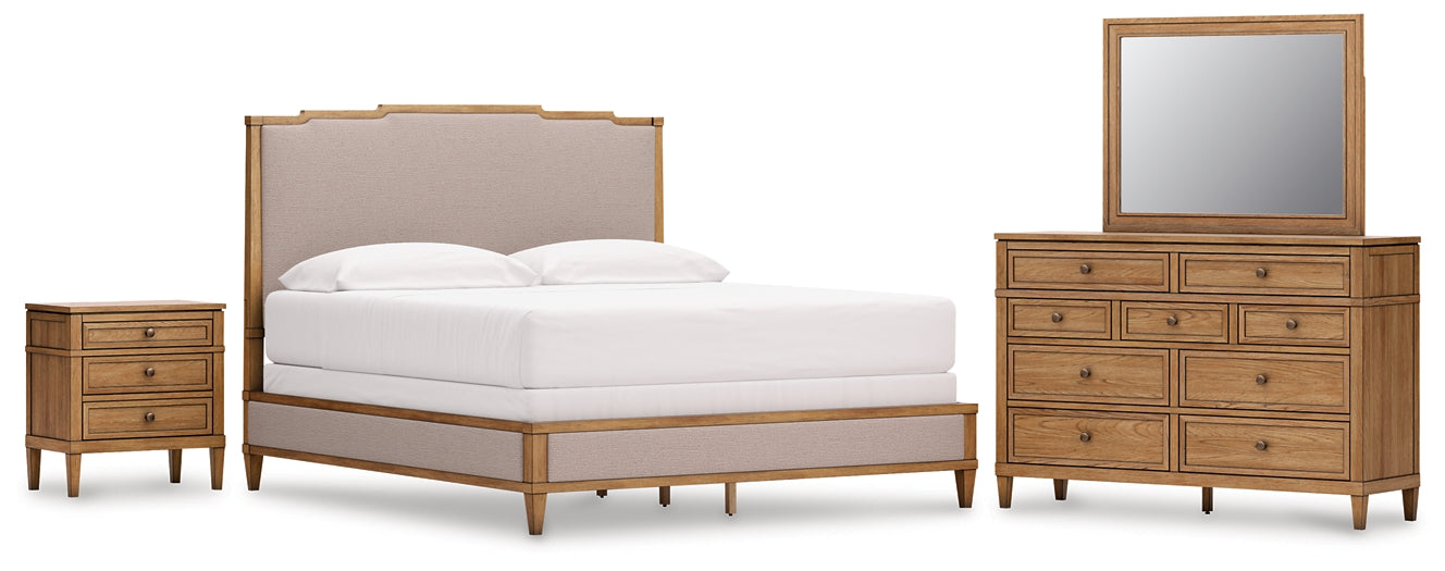 Sharlance California  Upholstered Panel Bed With Mirrored Dresser And Nightstand