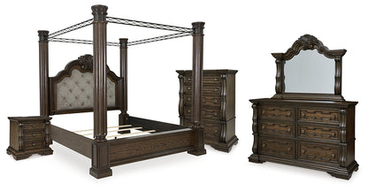 Maylee  Canopy Bed With Mirrored Dresser, Chest And Nightstand