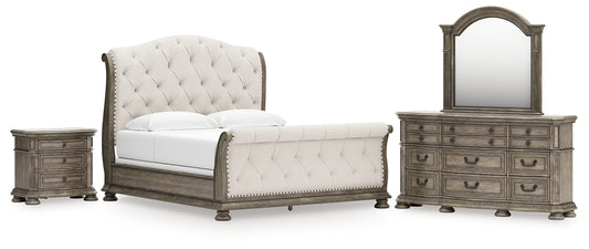 Ardenfield  Upholstered Sleigh Bed With Mirrored Dresser And Nightstand